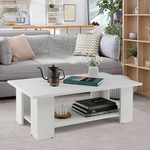 Costway 36 in. L White 12.5 in. Rectangle Wood 2-Tier Modern Coffee Table with Storage Shelf M1C-10NG5D3IT - The Home Depot Costway 36 in. L White 12.5 in. Rectangle Wood 2-Tier Modern Coffee Table with Storage Shelf M1C-10NG5D3IT - The Home Depot