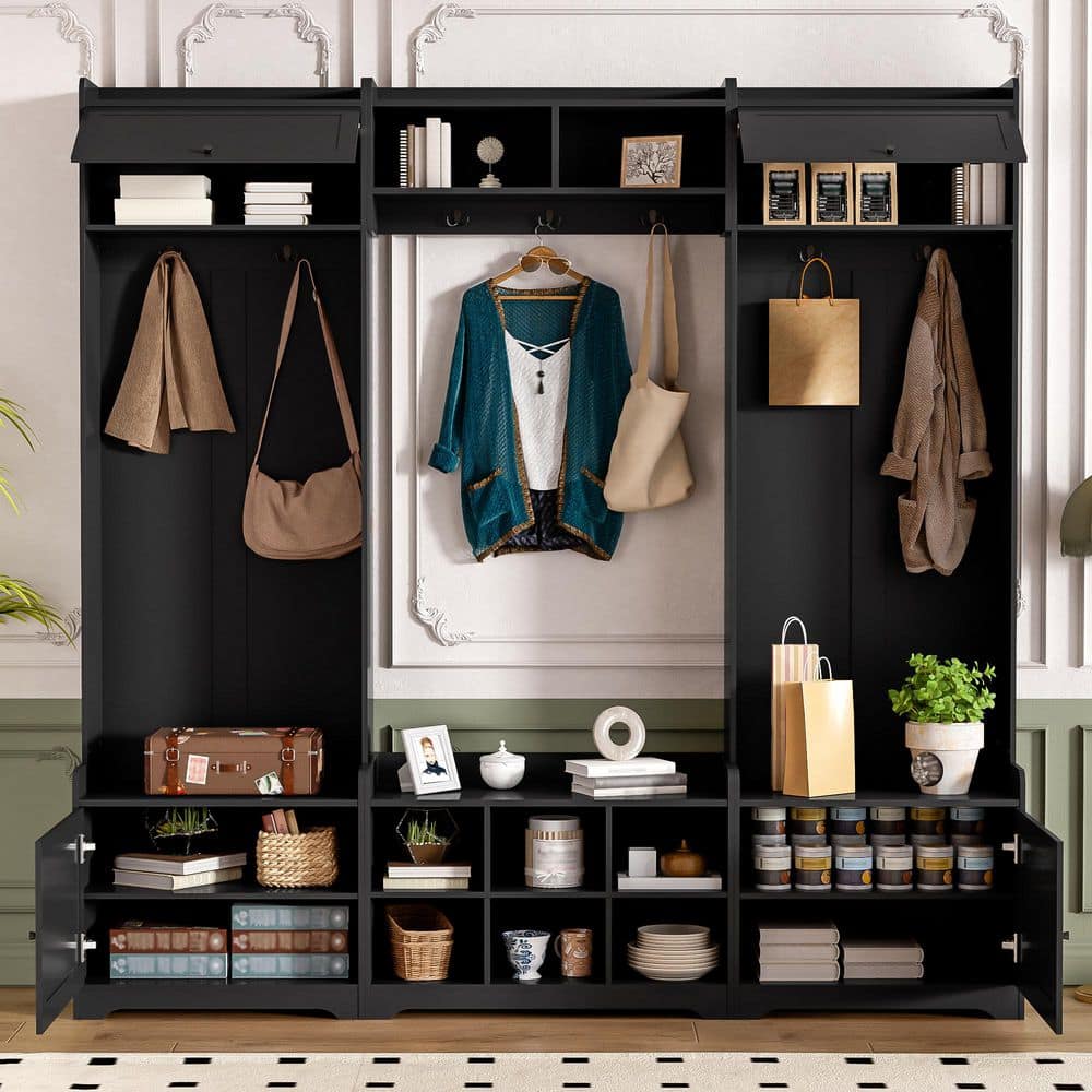 "Black 79.1""W Modern 4-in-1 Entryway Hall Tree with 7 Hooks, 8 Cubbies, 2 Adjustable Shelves, Shoe Storage" price history on PriceWatchPro