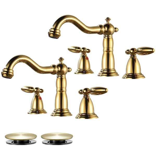 Double handles 8 in. Widespread Bathroom Faucet 3-Hole Bathroom Sink Faucet in Polished Gold (2-Pack)