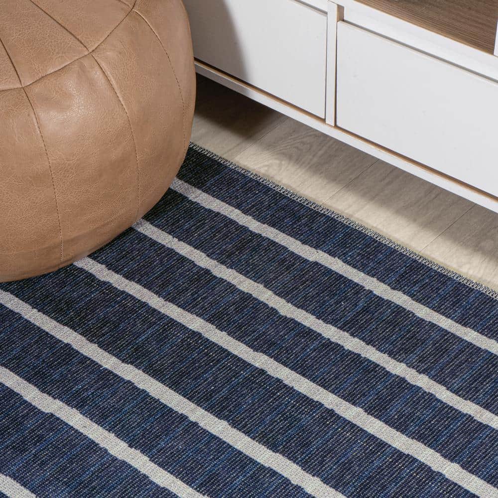 Ivory and Navy Striped 8' x 10' Machine-Washable Rug