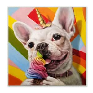 "Rainbow French Bulldog Unicorn Ice Cream Colorful" by Lucia Heffernan Unframed Animal Wood Wall Art Print 12 in.x12 in.