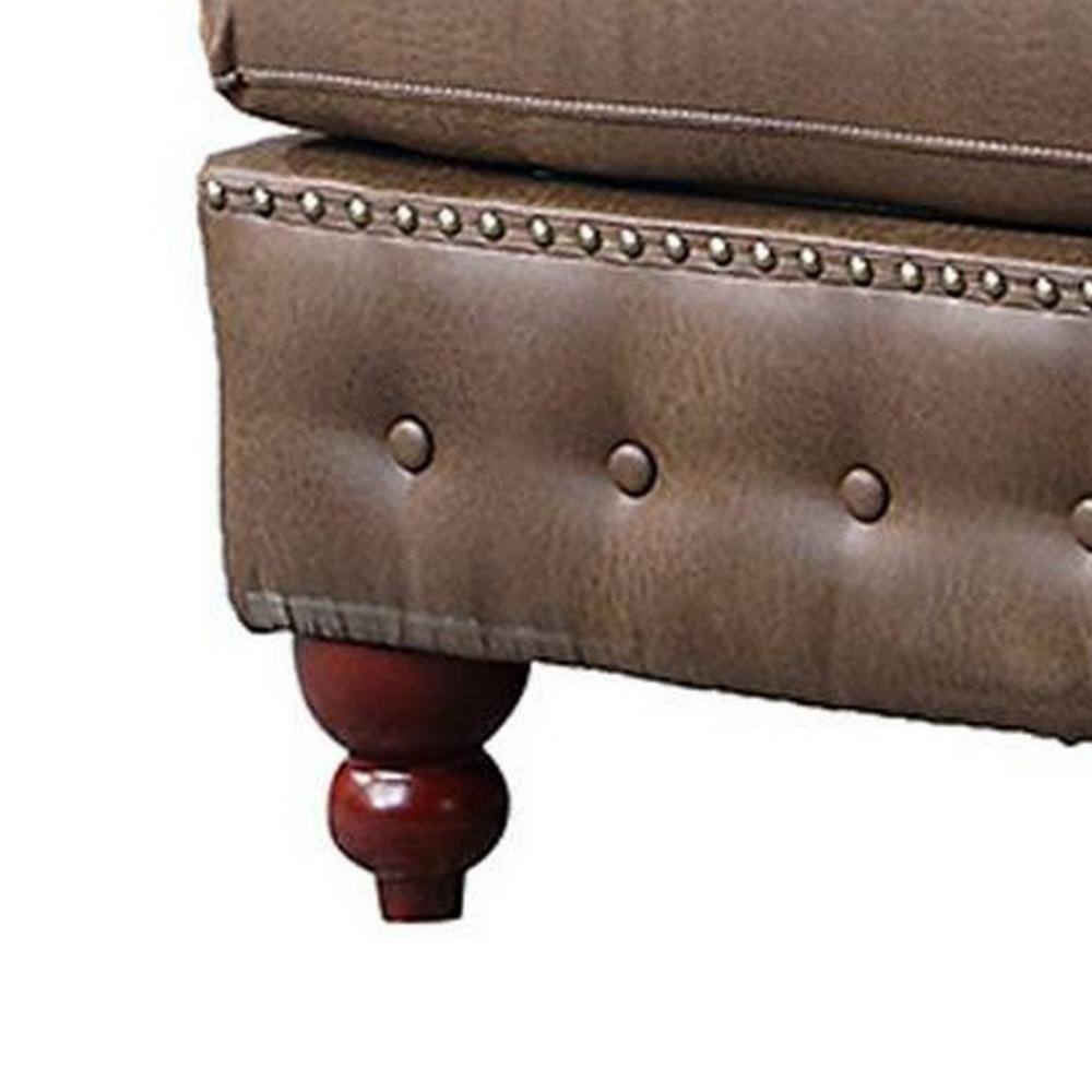 Simi 34 Inch Brown Faux Leather Tufted Ottoman with Nailhead Trim