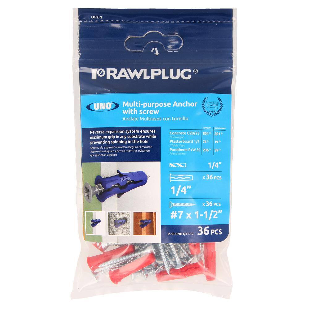 Uno Multi-Purpose Drywall Anchors 1/4 with Screws #8 x 1-3/4 19 lbs. (Pack of 36) price history on PriceWatchPro