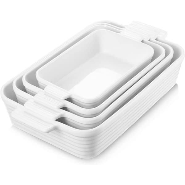 4-Piece Rectangular Ceramic Baking Dish Set Porcelain Bakeware with Handles Restaurant-Grade Oven Safe White