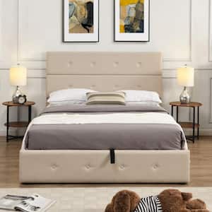 Beige Full 57 in. W Upholstered Platform Bed with Gas Lift Up Storage Metal Platform Bed Frame with Wood Support Slats