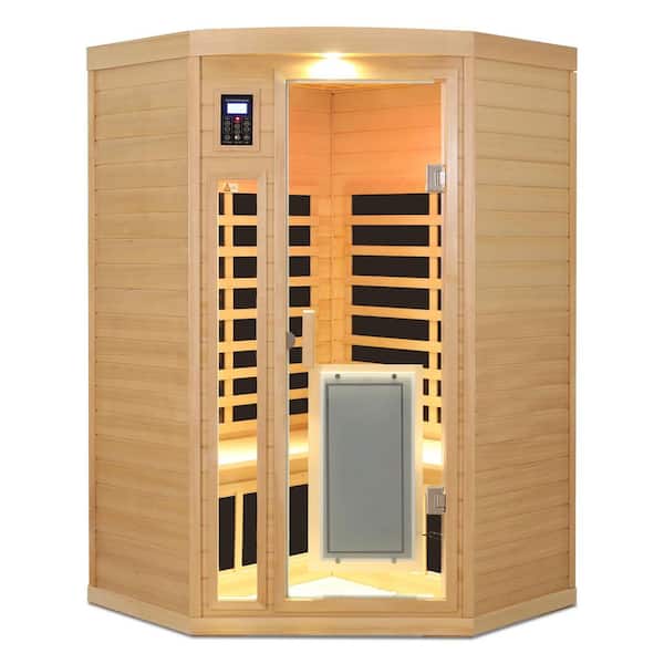 Low EMF 2-Person Hemlock Far Infrared Corner Indoor Sauna with 8 Heating Panels Front Door Heater, Bluetooth, LED Light