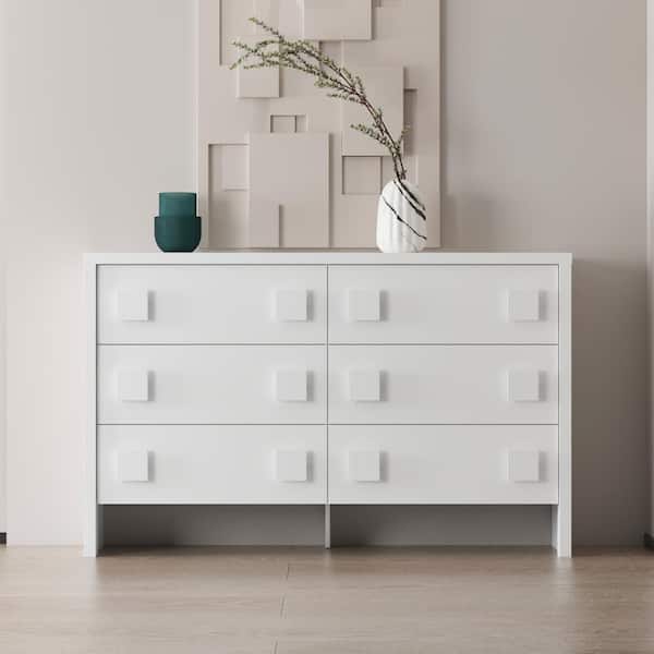 FUFU&GAGA White 6-Drawer 63 in. Width Wooden Chest of Drawers, Dresser without Mirror with Square Handles Design