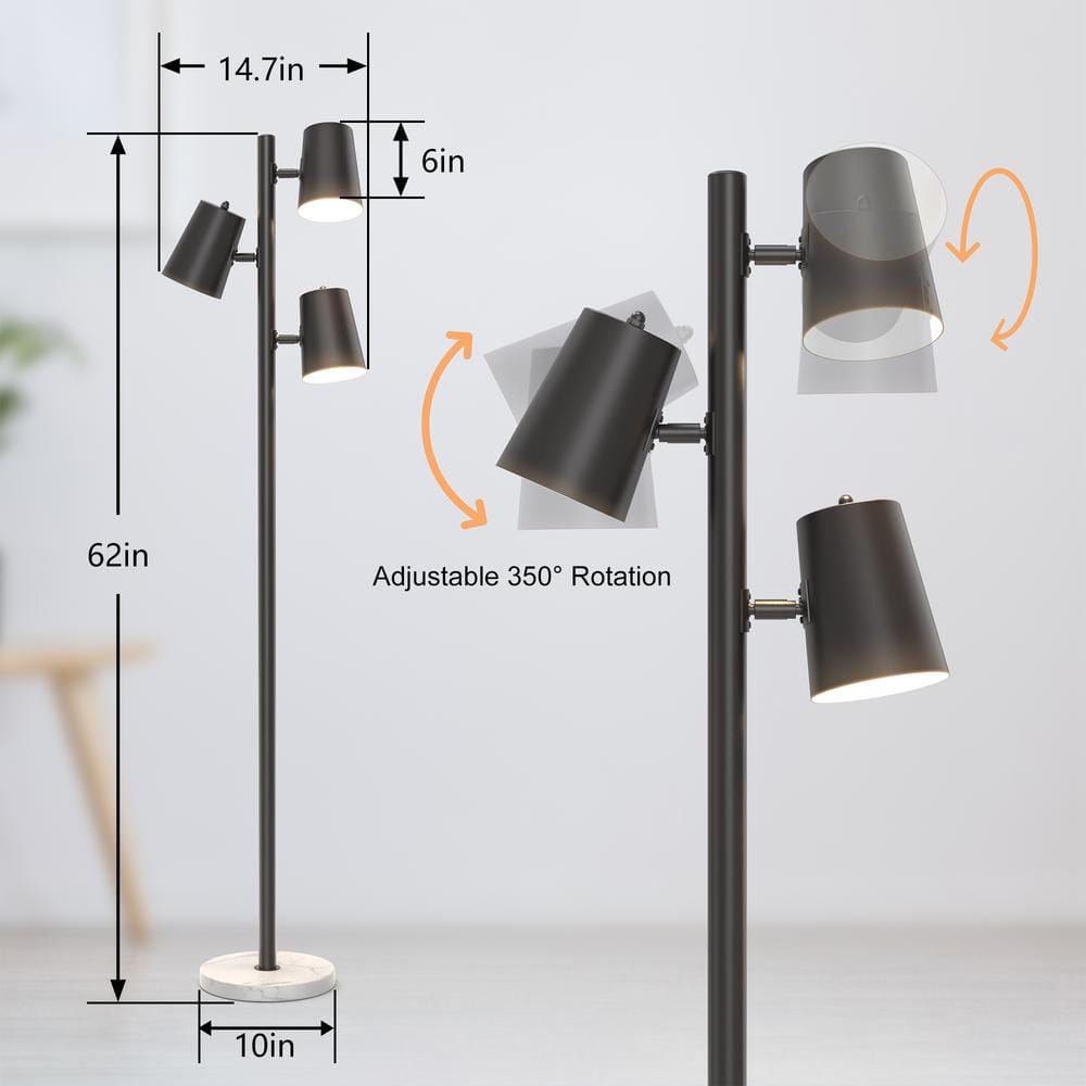 Black Metal and Marble Adjustable Multi-head Floor Lamp