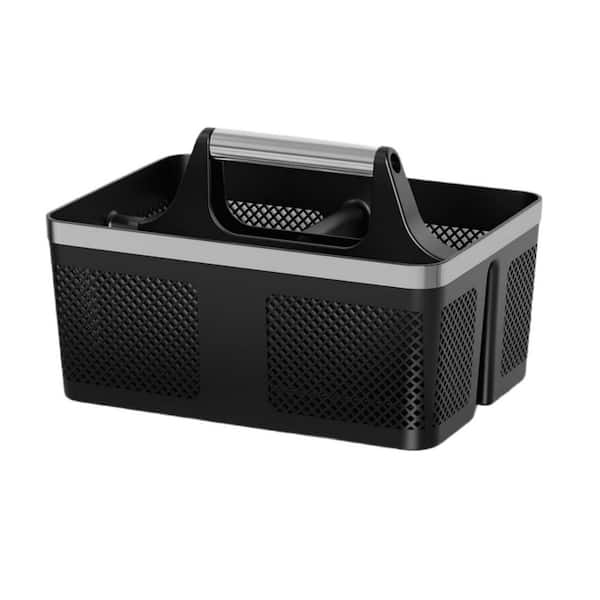 Portable Plastic Shower Caddy with Handle and Drainage Holes in Black for Toiletry and Cleaning Supplies Storage