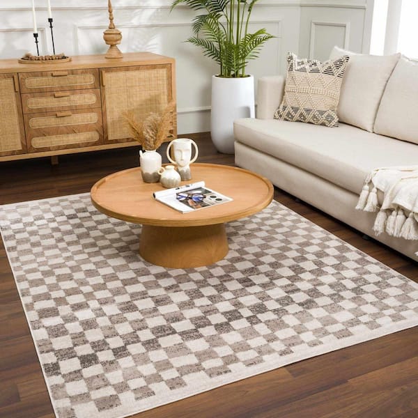 Hauteloom Brown/Beige 7 ft. 10 in. x 10 ft. Pertek Checkered Square Tile Distressed Rectangle Area Rug