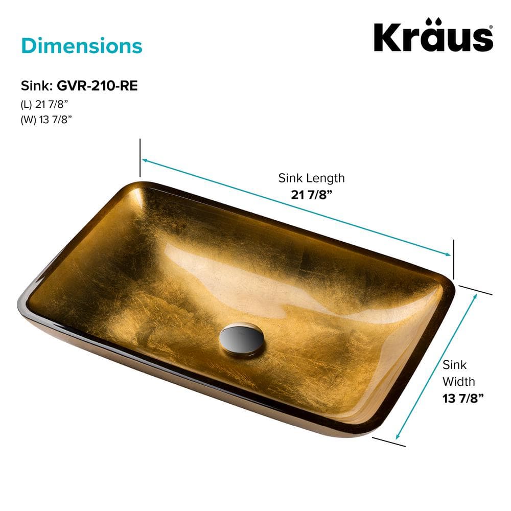 Gold Glass Rectangular Vessel Bathroom Sink, 22 inch