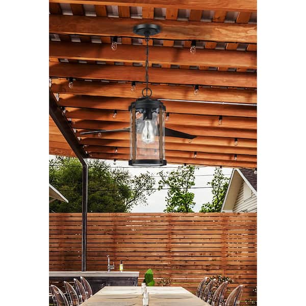 1-Light Black Hardwired Outdoor Chandelier with Water Glass and Wood