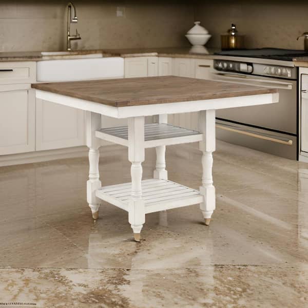36.5 in. Brown and White Square Wood Bar Table with 2-Shelves
