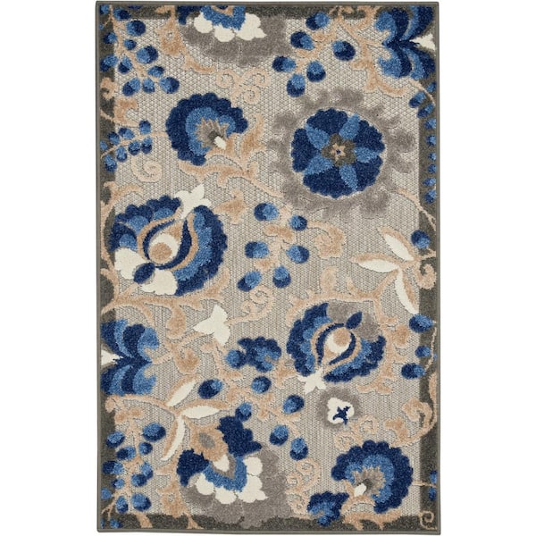 Aloha Blue doormat 3 ft. x 4 ft. Floral Modern Indoor/Outdoor Patio Kitchen Area Rug