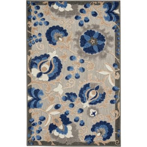 Aloha Blue 3 ft. x 4 ft. Floral Modern Indoor/Outdoor Patio Kitchen Area Rug