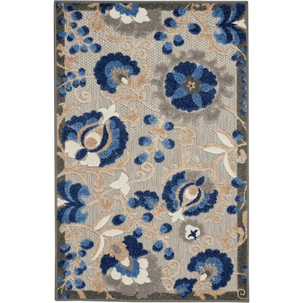 Nourison Aloha Blue 3 ft. x 4 ft. Floral Modern Indoor/Outdoor Patio Kitchen Area Rug