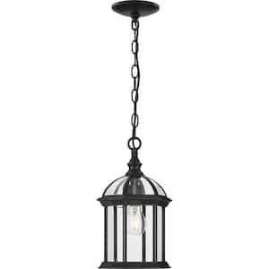 Dillard 1-Light Textured Black Pendant Light with Beveled Glass Shade Coastal Outdoor Hanging Lantern