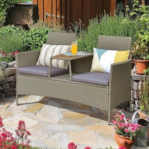 Patio Rattan Loveseat Outdoor 2-Person Conversation Set with Built-In Table