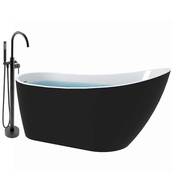 AKDY 66.9 in. Fiberglass Flatbottom Freestanding Bathtub with Tub Filler Combo in Glossy Black