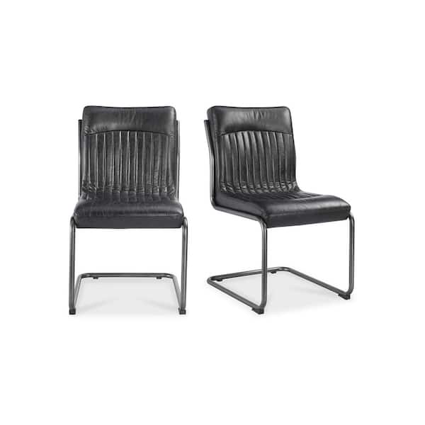 NADAAL STUDIOS Axel Black Top-Grain Leather Padded Seat Dining Chair with Industrial Iron Frame (Set of 2)