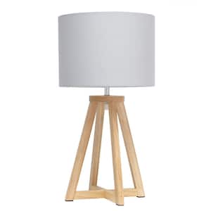 19 in. Natural Wood Interlocked Triangular Table Lamp with Gray Fabric Shade