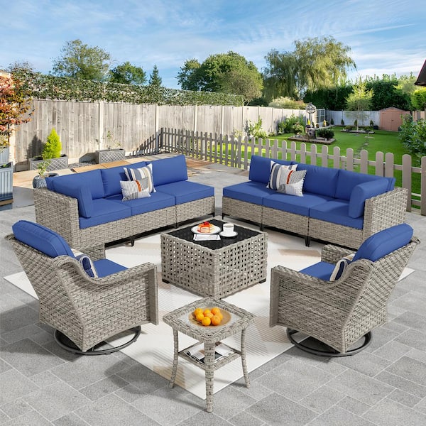 OVIOS Supery Gray 10-Piece Wicker Patio Conversation Set with Navy Blue Cushions and Swivel Rocking Chairs