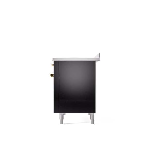 Nostalgie 48 in. 6 Zone Freestanding Double Oven Induction Range in Glossy Black with Brass Trim