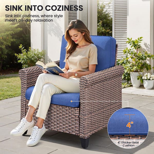 TwinFlow Brown PE Wicker Outdoor Lounge Chair with 4 in. Olefin Blue Cushions/Patio Furniture (2-Pack)