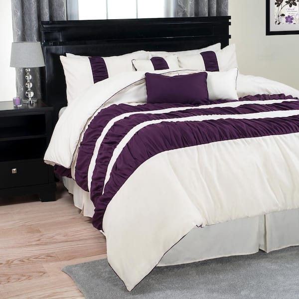 Trademark Global Prisca Royal 7-Piece Purple Striped King Comforter Set