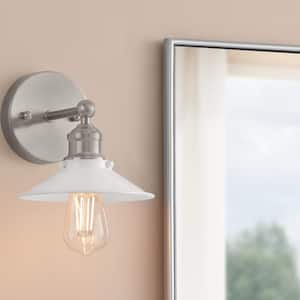 Glenhurst 1-Light White and Brushed Nickel Indoor Industrial Farmhouse Wall Sconce Light Fixture with Metal Shade