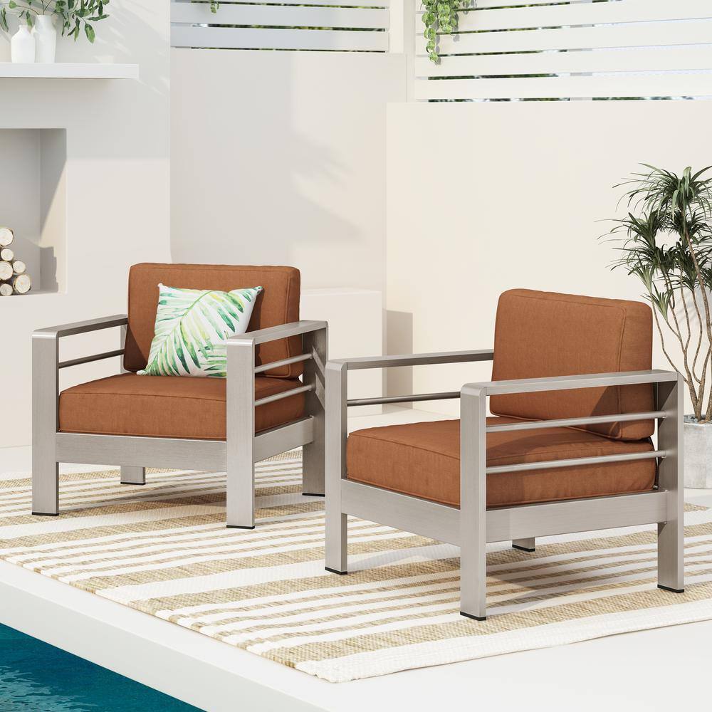 Silver Aluminum Outdoor Club Chair Set with Orange Cushions