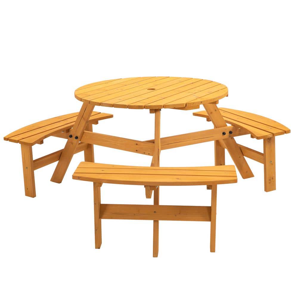 35.43 in. 6-Person Natural Circular Wooden Outdoor Picnic Table for Patio, 