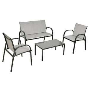 Gray 4-Piece Metal Patio Conversation Seating Set with Glass Top Coffee Table