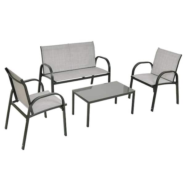 FORCLOVER Gray 4-Piece Metal Patio Conversation Seating Set with Glass Top Coffee Table