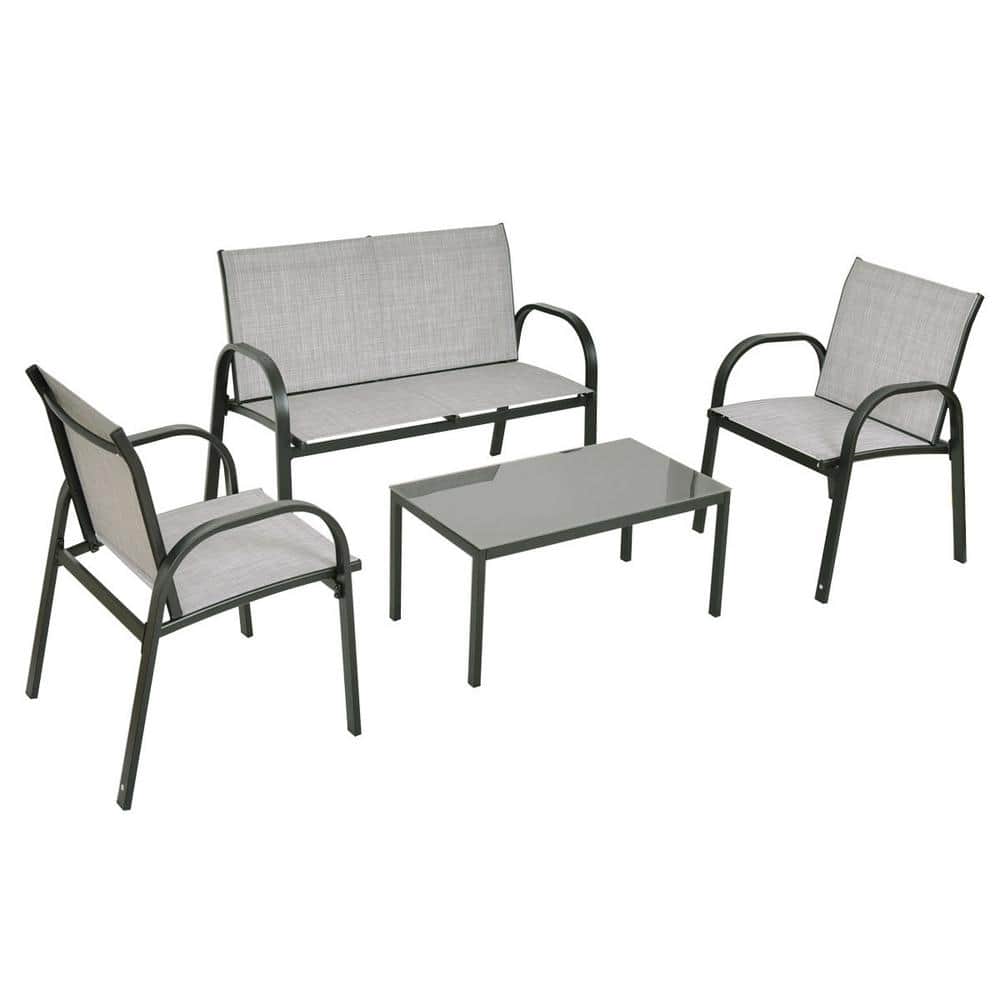 Gray 4-Piece Metal Patio Conversation Set with Glass Top Coffee Table
