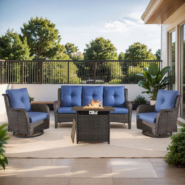 moosprr 4-Piece Brown Wicker Fire Pit Conversation Set with Olefin Blue Cushions and 2 Swivel Glider Chairs and Sofa