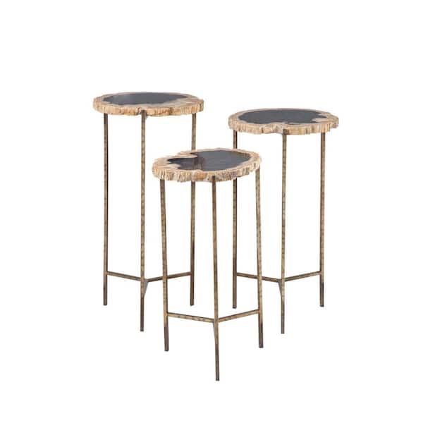 Litton Lane 11 in. Gold Petrified Wood Large Round Wood End Accent Table with Gold Base (3- Pieces)