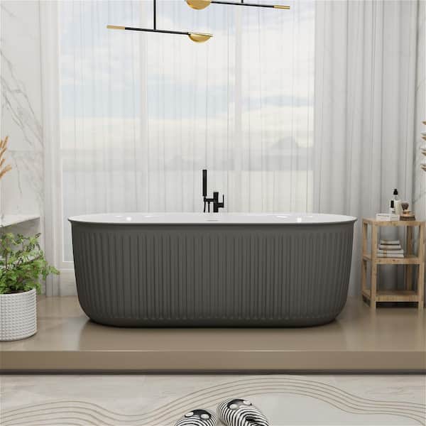 Mokleba 67 in. x 31 in. Acrylic Flatbottom Freestanding Soaking Bathtub Non-Whirlpool with Center Drain in Gray