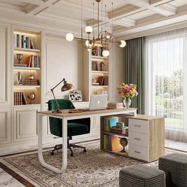 FUFU&GAGA 55.1 in. L-Shaped Oak and White Wood Writing Desk Corner