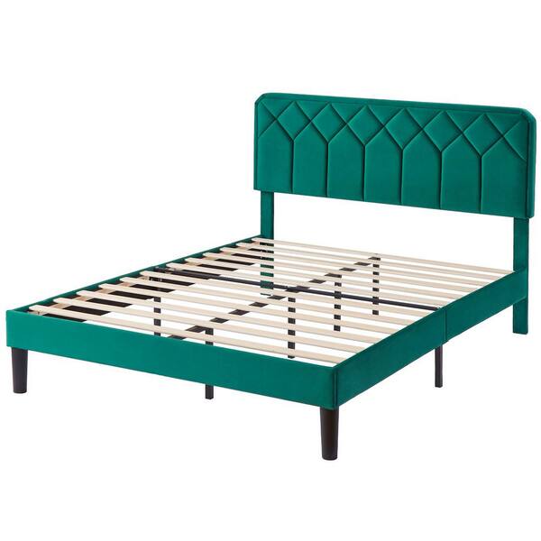 VECELO Bed Frame with Upholstered Headboard, Green Metal