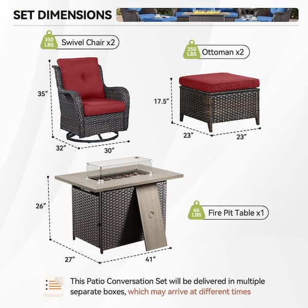5-Piece Brown Wicker Fire Pit Conversation Set with Olefin Red Cushions and Curved Arm Swivel Gliders and Ottoman