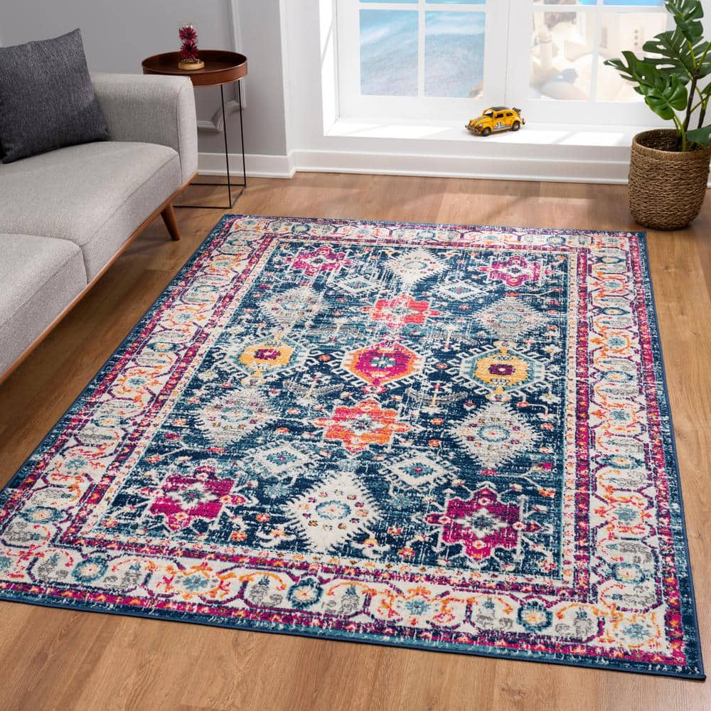 Navy and Multicolor Abstract Synthetic 5' x 7' Area Rug