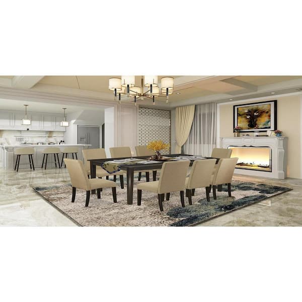 East West Furniture 9-Piece Square Cappuccino Finish Solid Wood Top Dining Table with 8 Parson-Chairs with Butterfly Leaf Lattice Back
