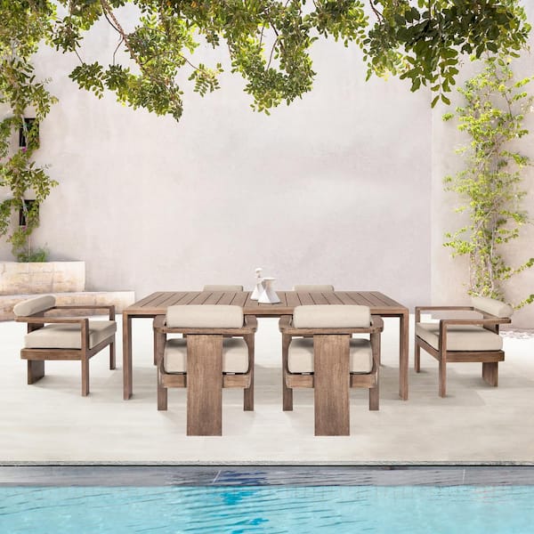Armen Living Relic Brown 7-Piece Eucalyptus Wood Outdoor Dining Set with Taupe Cushions