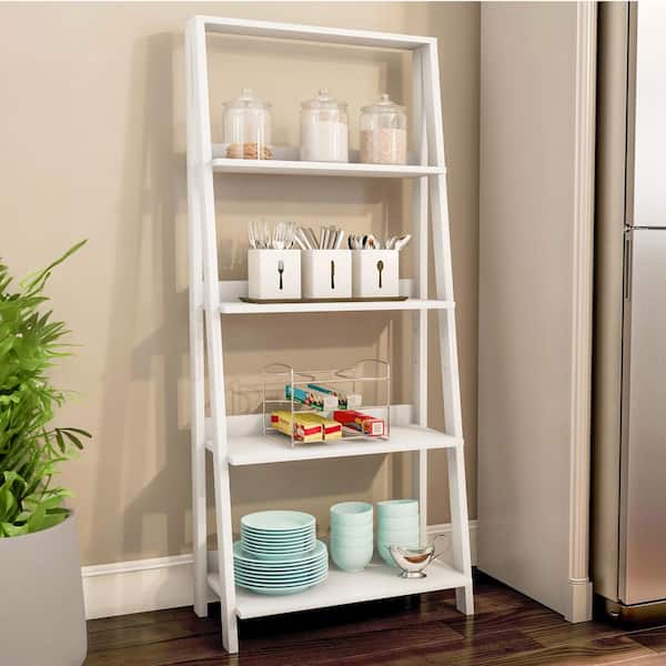 55.3 in. White 4-Tier Ladder Bookshelves Set of 2 Free Standing Wooden Living Room Shelves