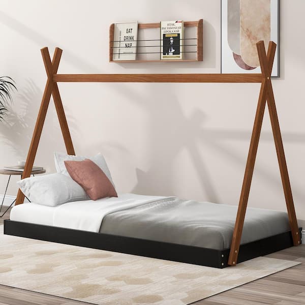 Harper & Bright Designs Tent Style Black and Brown Wood Frame Twin Size Platform Bed with Triangle Structure and X-Shaped Safety Railings