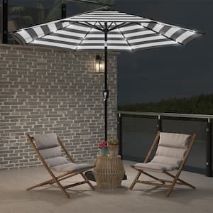 9 ft. Steel Market Crank and Tilt Round Solar Light Patio Umbrella in Black and White Stripe