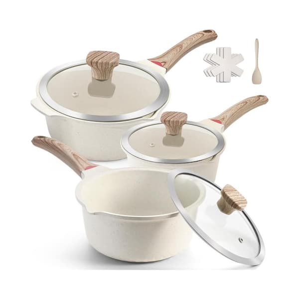 10 Piece White Nonstick Cookware Set Cast Aluminum Granite Coating Induction Compatible Pots with Lids