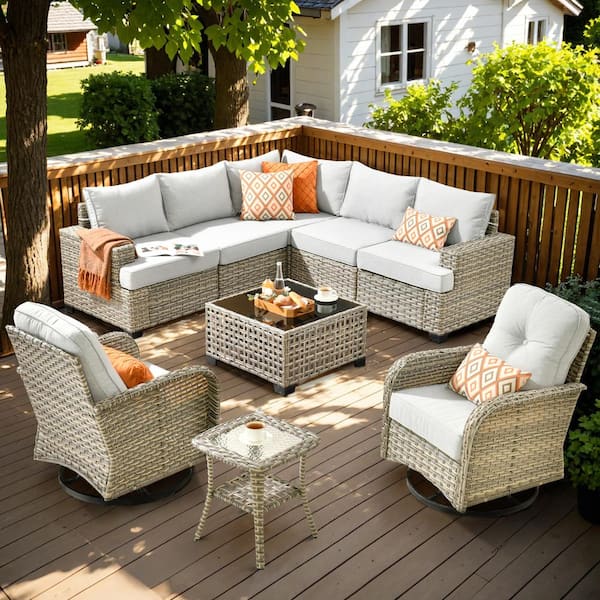 Vinceny Gray 9-Piece Wicker Patio Conversation Seating Set with Gray Cushions and Swivel Chairs