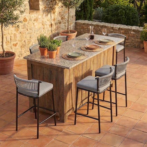 6-Pack Metal Outdoor Bar Stool w/ Cushion in Light Gray 26 in. Seat Height Bar Stool Supports 500 lbs. Stackable Stools